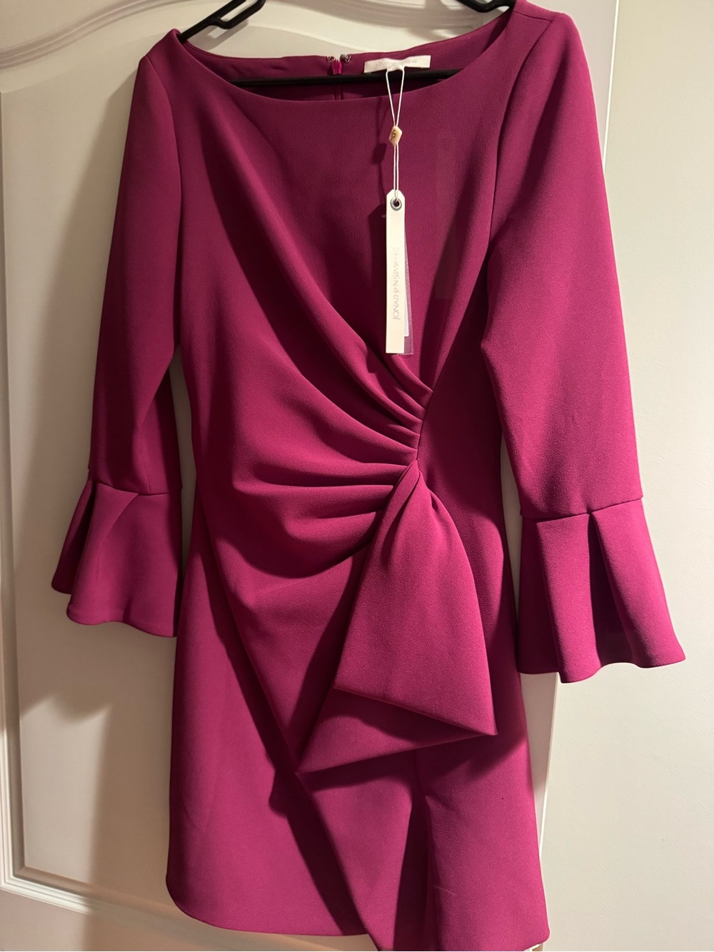 Ruched Fuchsia Dress with Bell Sleeves